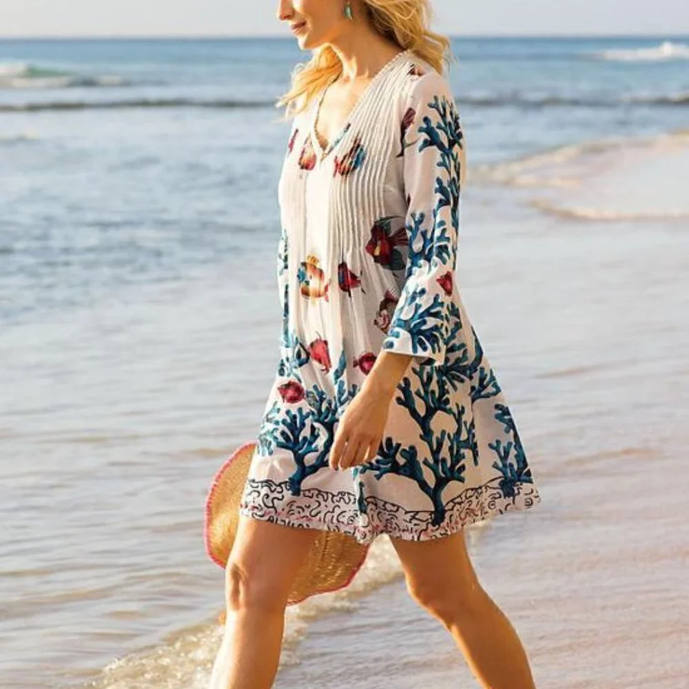 Soft Surroundings Seychelles Bead Trim White Fish and Coral Print Tunic PM - Picture 1 of 8